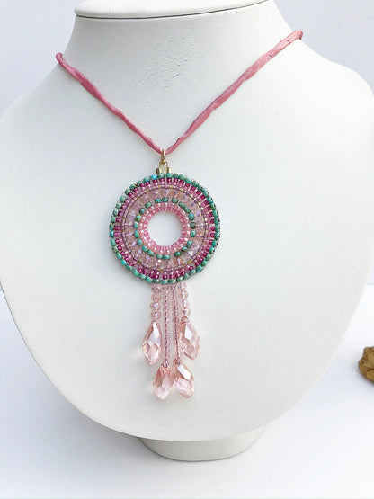 Delicate Boho Mandala Necklace | Turquoise & Pink Beaded Jewelry | Handcrafted Ibiza Style