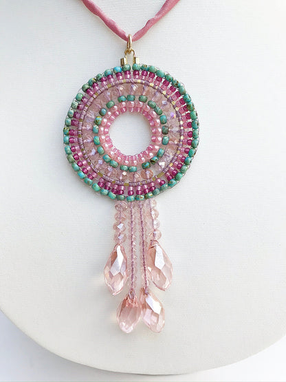 Delicate Boho Mandala Necklace | Turquoise & Pink Beaded Jewelry | Handcrafted Ibiza Style