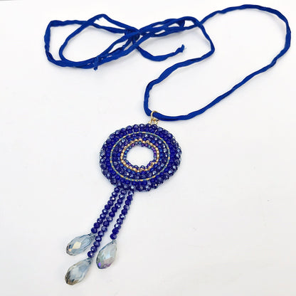 Handcrafted Blue and Gold Boho Mandala Pearl Necklace | Ibiza Style Jewelry