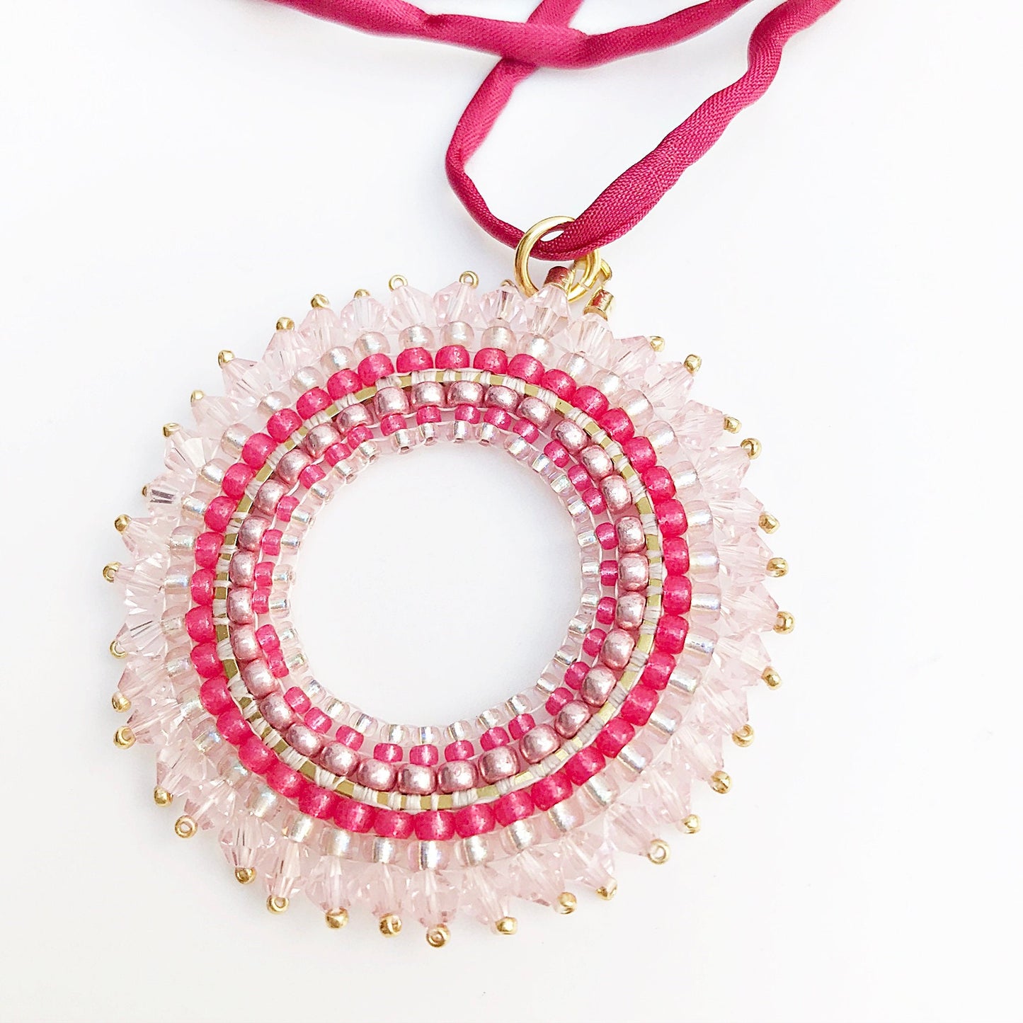 Handmade Boho Mandala Pearl Necklace | Pink & Rose Gold | Ibiza Style Jewelry