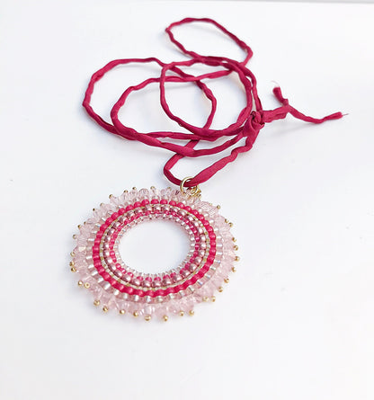 Handmade Boho Mandala Pearl Necklace | Pink & Rose Gold | Ibiza Style Jewelry