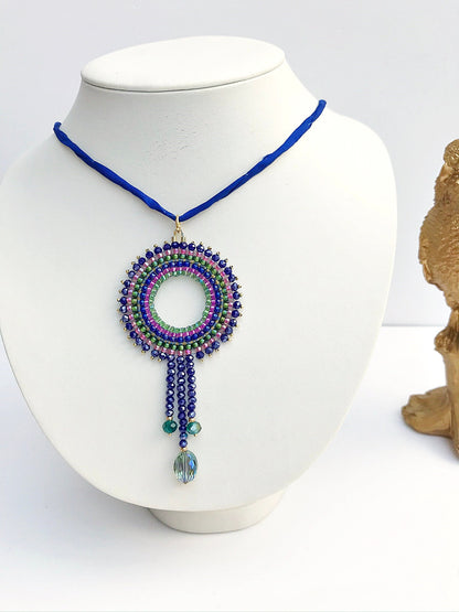 Handcrafted Blue & Gold Mandala Boho Necklace | Ibiza-Inspired Beaded Jewelry