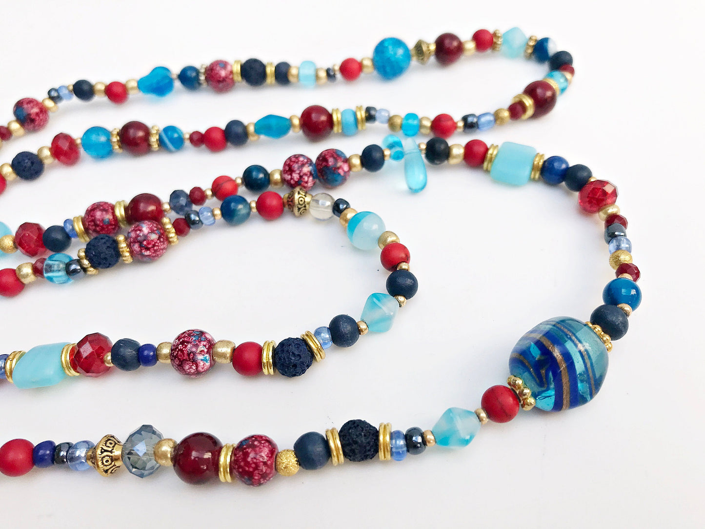 Colorful Boho Gold Necklace | Women's Long Beaded Coral, Agate & Jade Ibiza-Style Jewelry