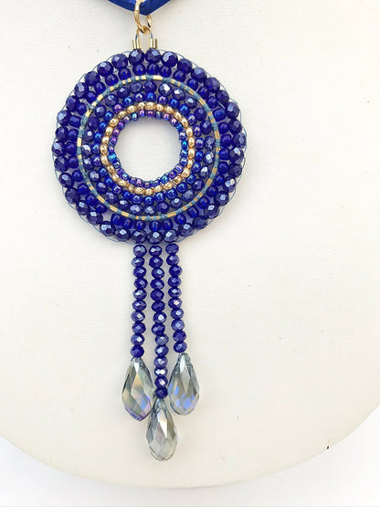 Handcrafted Blue and Gold Boho Mandala Pearl Necklace | Ibiza Style Jewelry