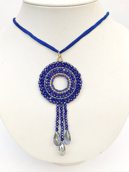 Handcrafted Blue and Gold Boho Mandala Pearl Necklace | Ibiza Style Jewelry