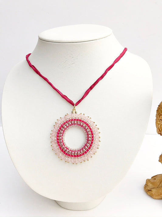 Handmade Boho Mandala Pearl Necklace | Pink & Rose Gold | Ibiza Style Jewelry