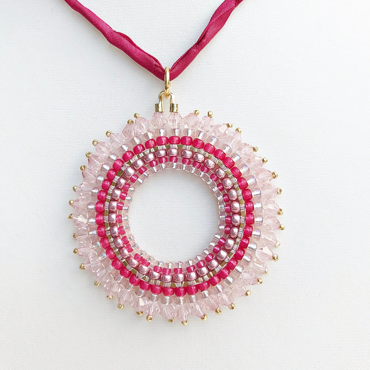 Handmade Boho Mandala Pearl Necklace | Pink & Rose Gold | Ibiza Style Jewelry