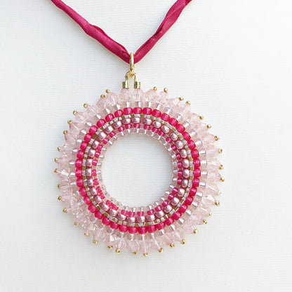 Handmade Boho Mandala Pearl Necklace | Pink & Rose Gold | Ibiza Style Jewelry