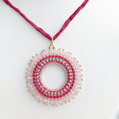 Handmade Boho Mandala Pearl Necklace | Pink & Rose Gold | Ibiza Style Jewelry