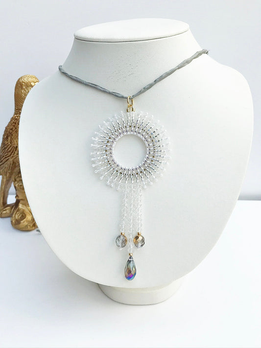 Handcrafted Boho Mandala Pearl Necklace | White Gold Crystal | Ibiza Jewelry