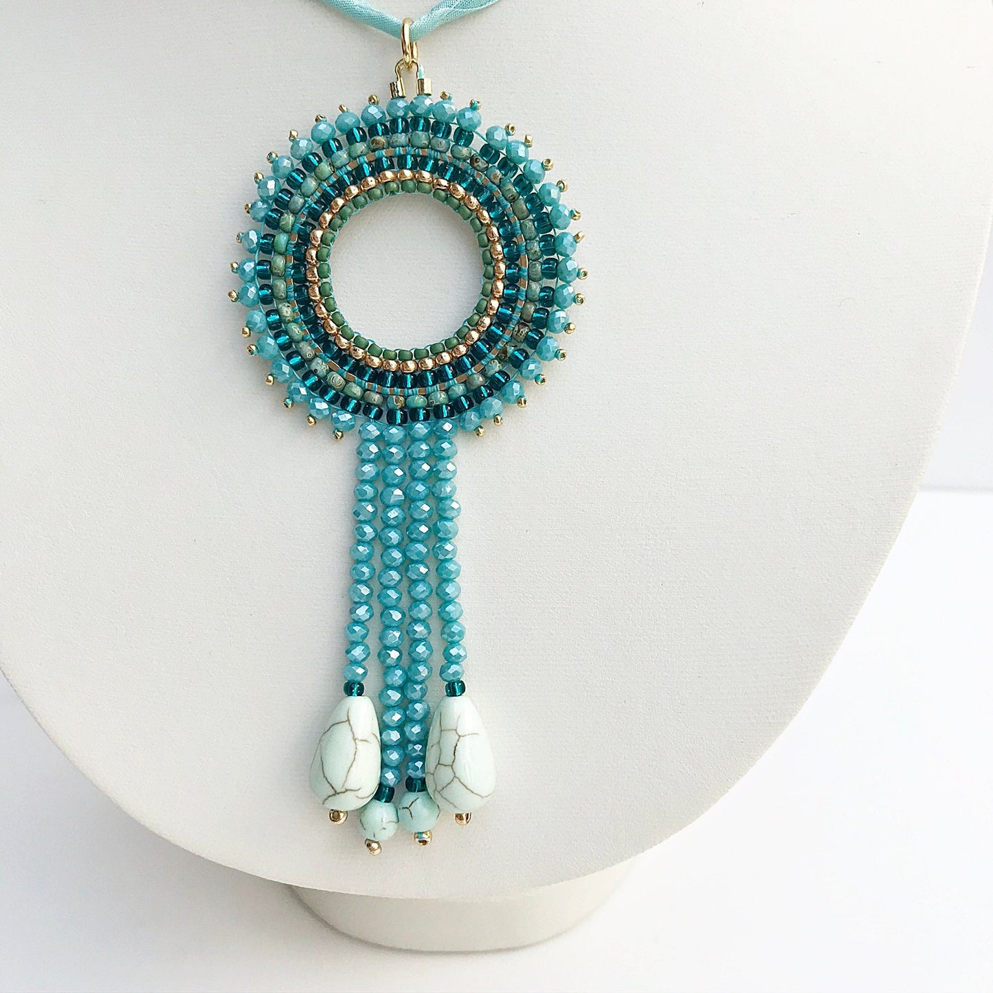 Handmade Turquoise Mandala Beaded Necklace | Boho Ibiza Style | Adjustable Length