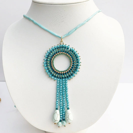 Handmade Turquoise Mandala Beaded Necklace | Boho Ibiza Style | Adjustable Length