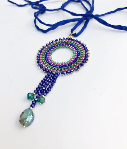 Handcrafted Blue & Gold Mandala Boho Necklace | Ibiza-Inspired Beaded Jewelry