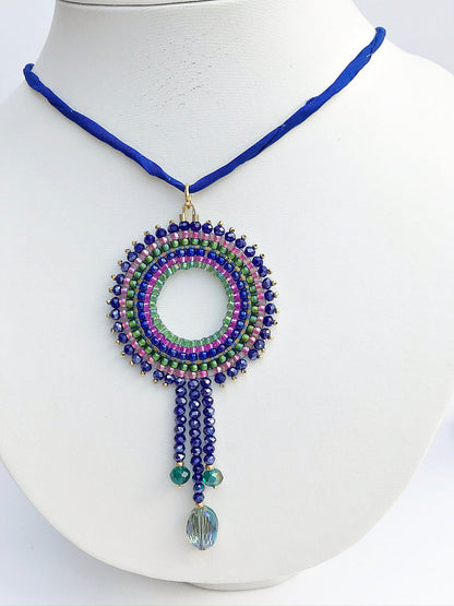 Handcrafted Blue & Gold Mandala Boho Necklace | Ibiza-Inspired Beaded Jewelry