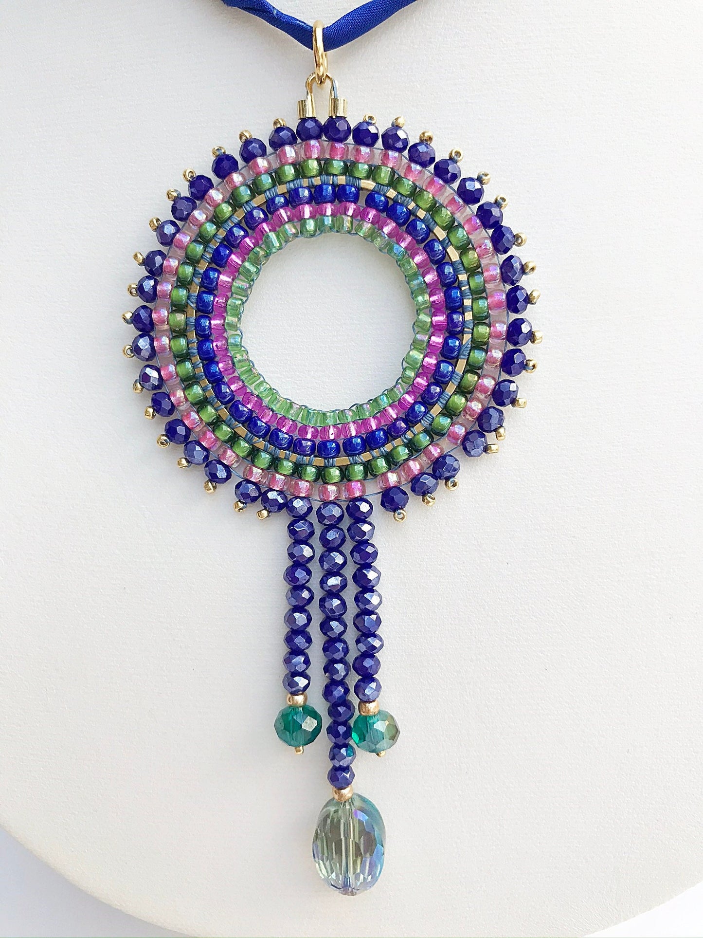 Handcrafted Blue & Gold Mandala Boho Necklace | Ibiza-Inspired Beaded Jewelry