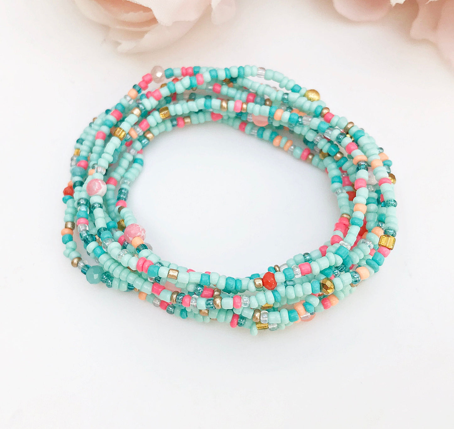 Boho Turquoise Coral Wrap Bracelet | Handmade Glass Bead Jewelry | Ibiza Style Multi-Strand Bracelet