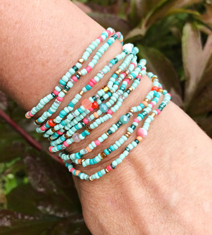 Boho Turquoise Coral Wrap Bracelet | Handmade Glass Bead Jewelry | Ibiza Style Multi-Strand Bracelet