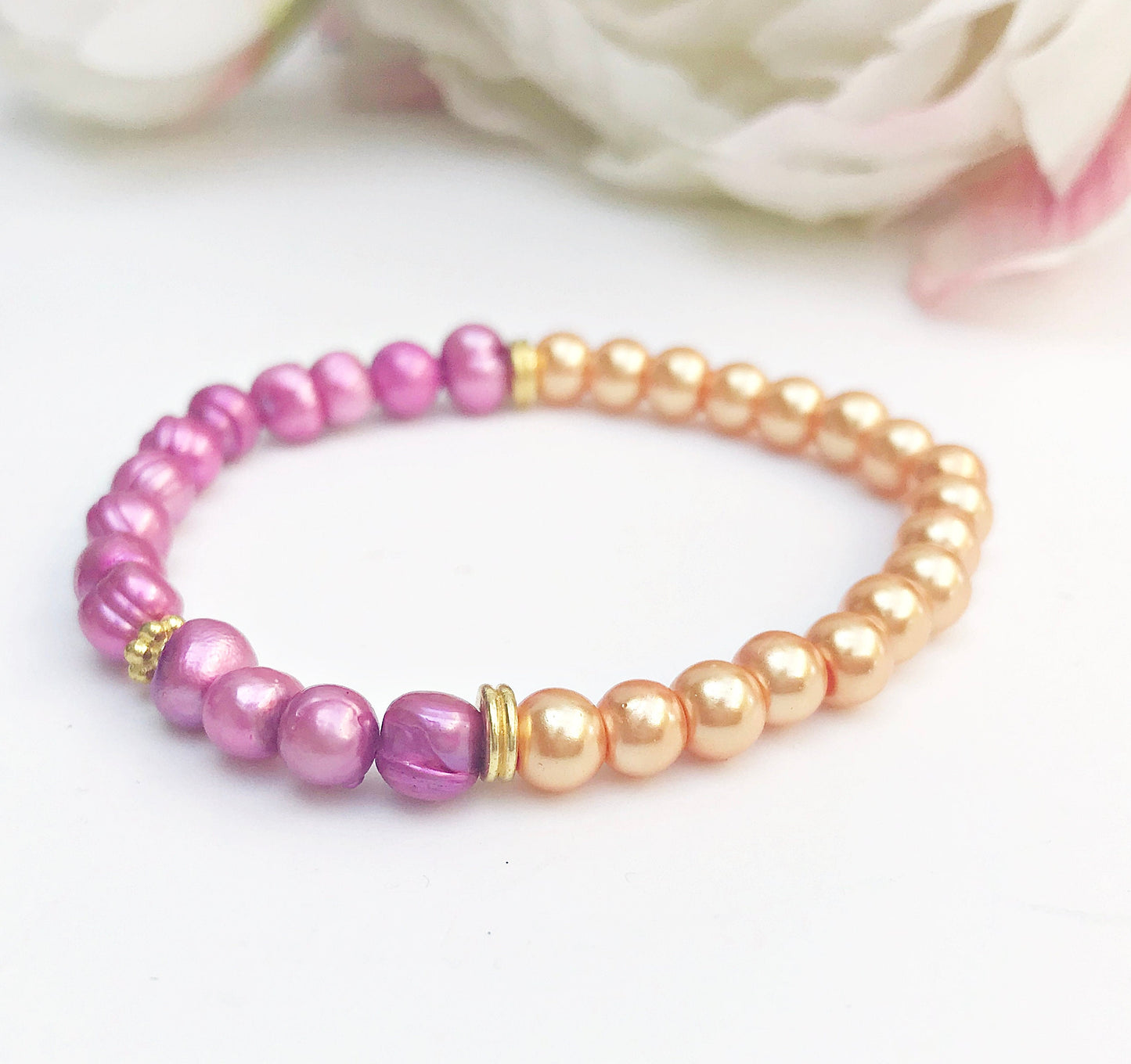 Handmade Freshwater Pearl Bracelet | Gold-Plated Boho Jewelry | Pink & Orange Beads | Ibiza Style | Unique Gift for Women