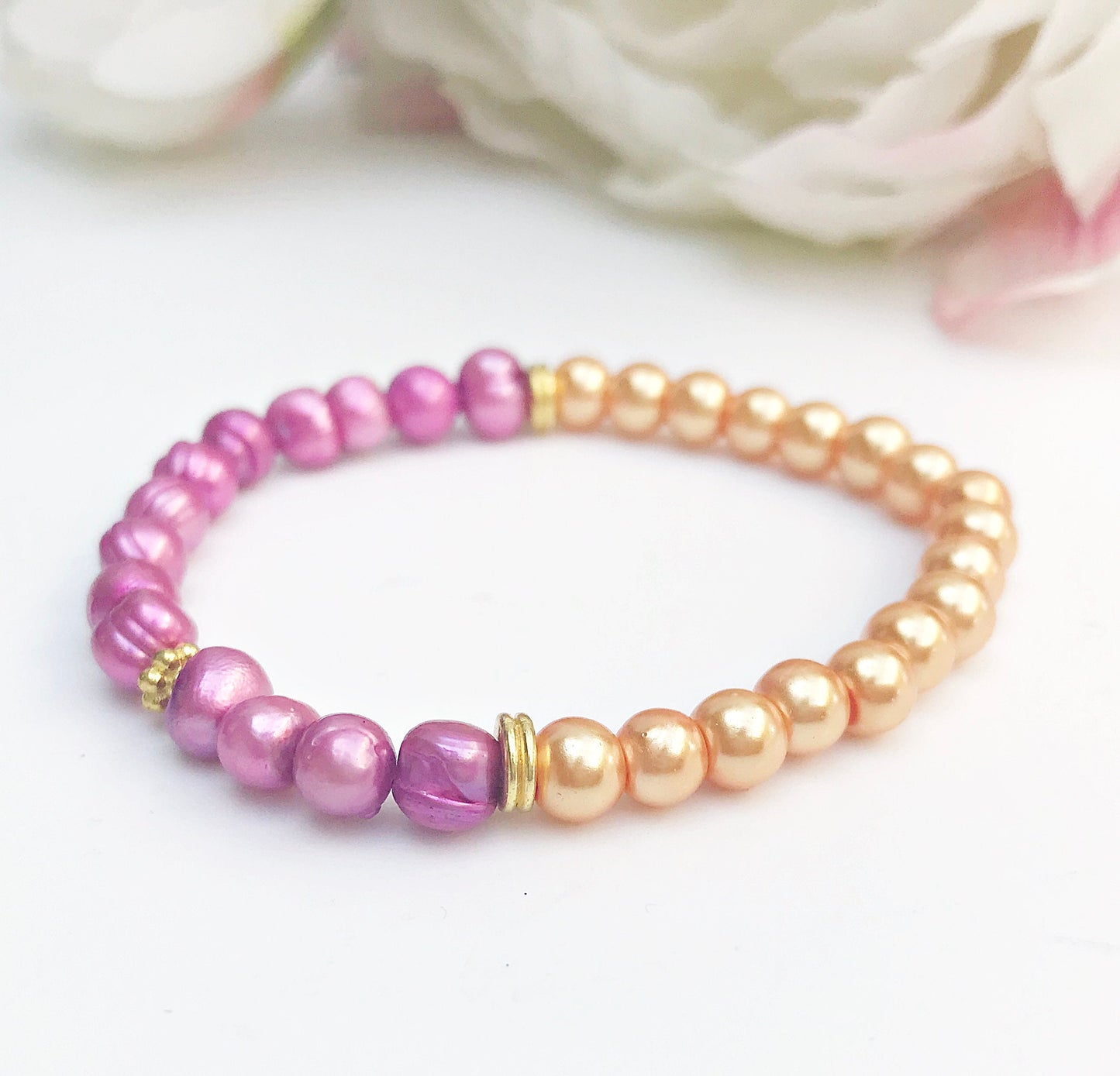 Handmade Freshwater Pearl Bracelet | Gold-Plated Boho Jewelry | Pink & Orange Beads | Ibiza Style | Unique Gift for Women