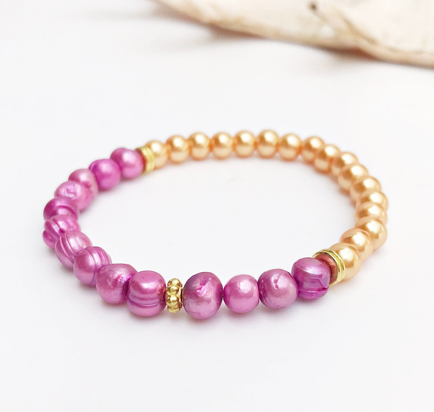 Handmade Freshwater Pearl Bracelet | Gold-Plated Boho Jewelry | Pink & Orange Beads | Ibiza Style | Unique Gift for Women