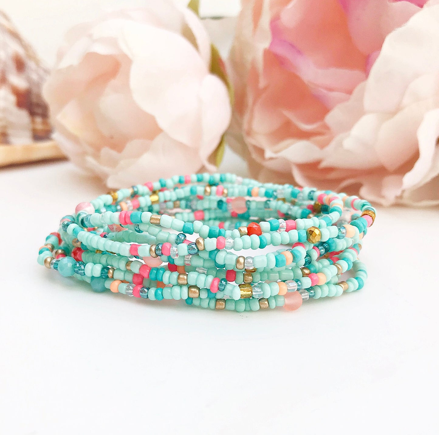 Boho Turquoise Coral Wrap Bracelet | Handmade Glass Bead Jewelry | Ibiza Style Multi-Strand Bracelet