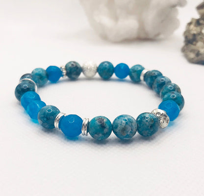 Turquoise Jade Beaded Bracelet | Silver-Plated Boho Gemstone Jewelry for Women | Elastic 18cm Handmade Accessory