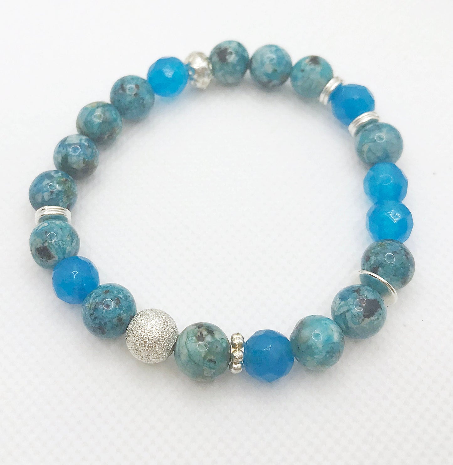 Turquoise Jade Beaded Bracelet | Silver-Plated Boho Gemstone Jewelry for Women | Elastic 18cm Handmade Accessory