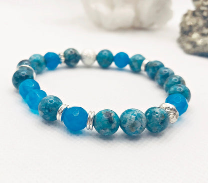 Turquoise Jade Beaded Bracelet | Silver-Plated Boho Gemstone Jewelry for Women | Elastic 18cm Handmade Accessory