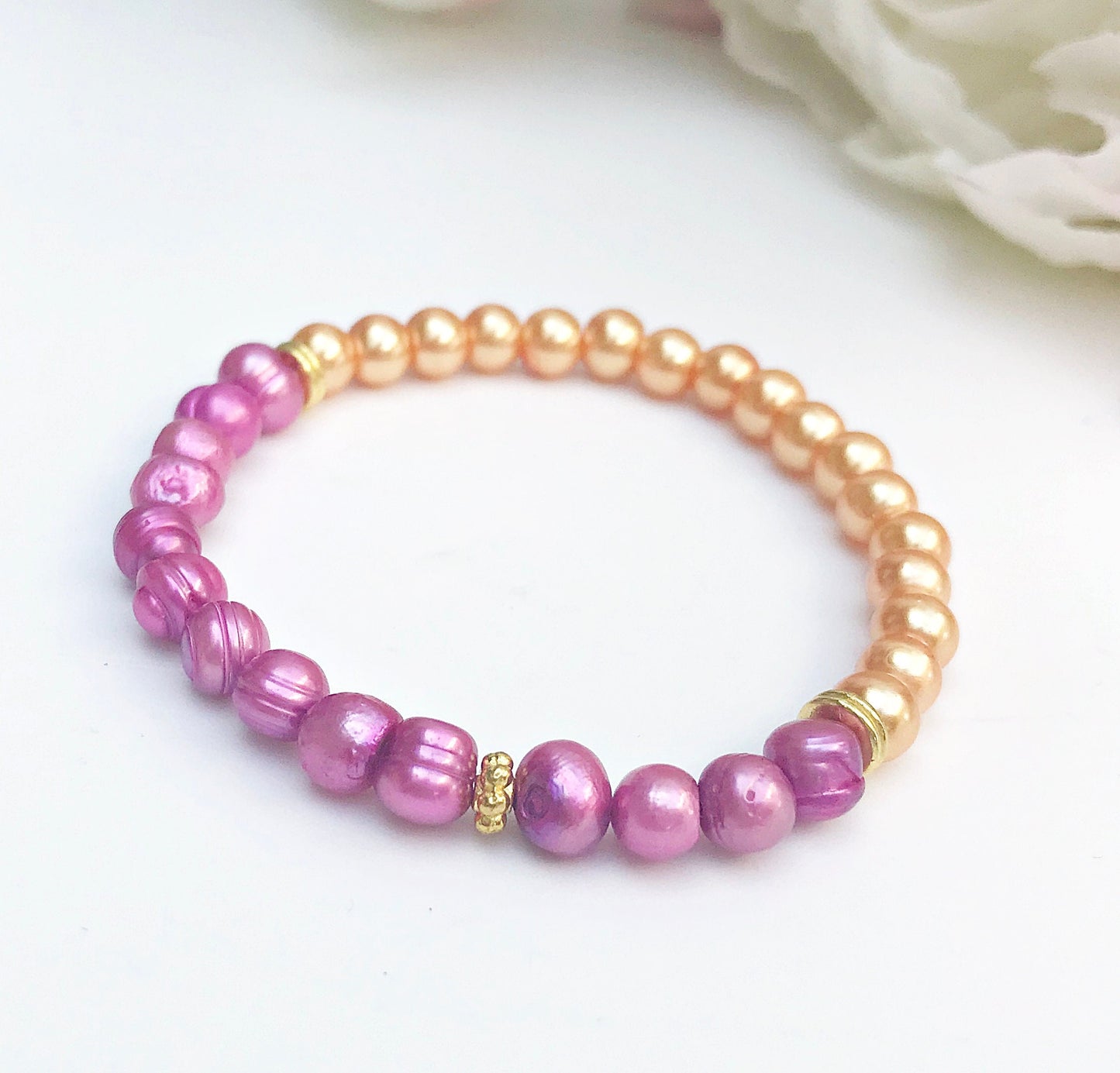 Handmade Freshwater Pearl Bracelet | Gold-Plated Boho Jewelry | Pink & Orange Beads | Ibiza Style | Unique Gift for Women