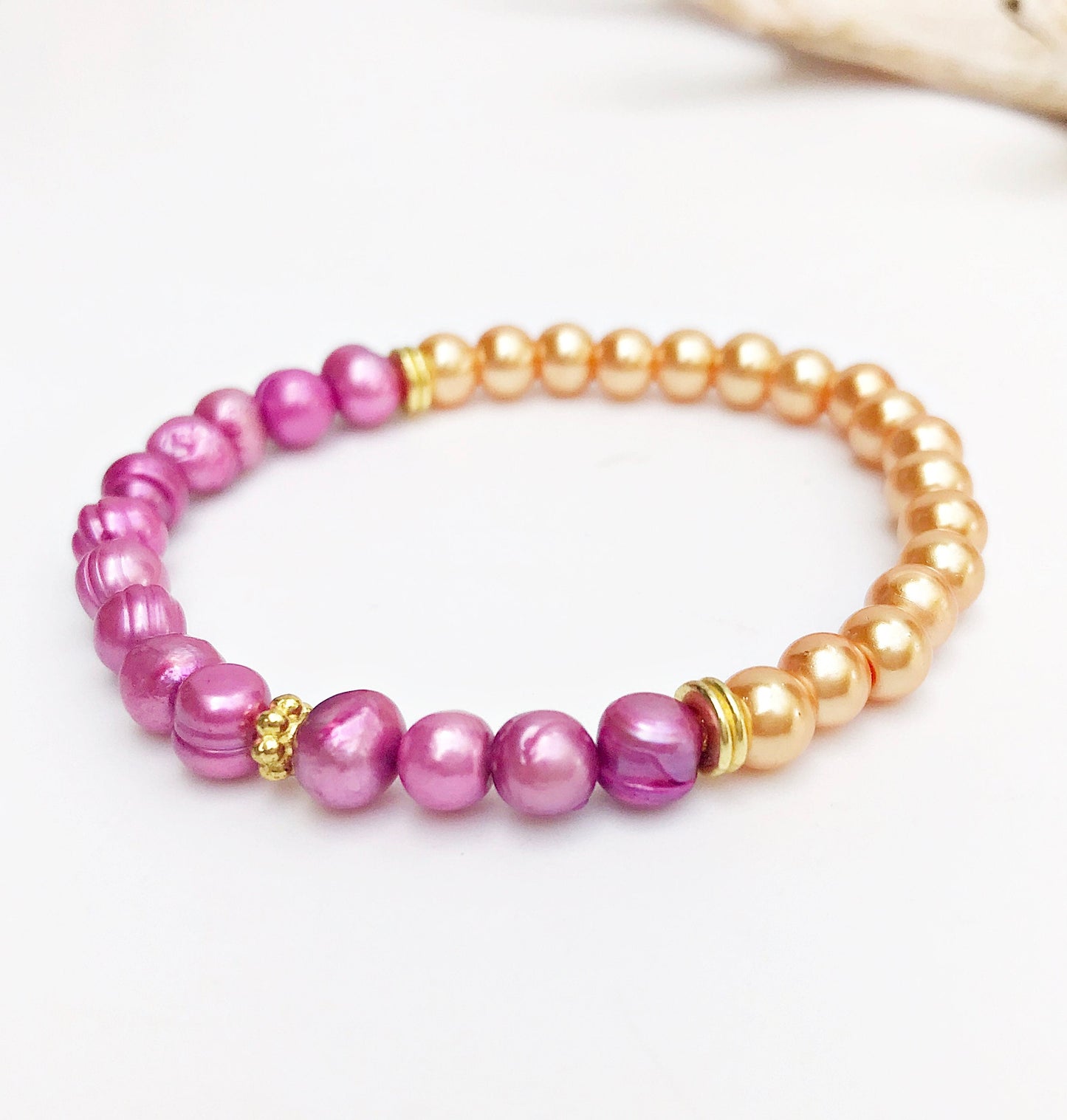 Handmade Freshwater Pearl Bracelet | Gold-Plated Boho Jewelry | Pink & Orange Beads | Ibiza Style | Unique Gift for Women