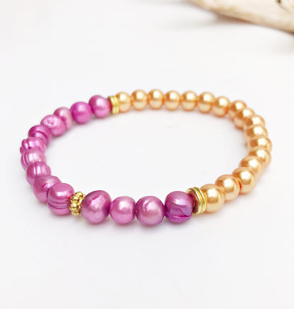 Handmade Freshwater Pearl Bracelet | Gold-Plated Boho Jewelry | Pink & Orange Beads | Ibiza Style | Unique Gift for Women