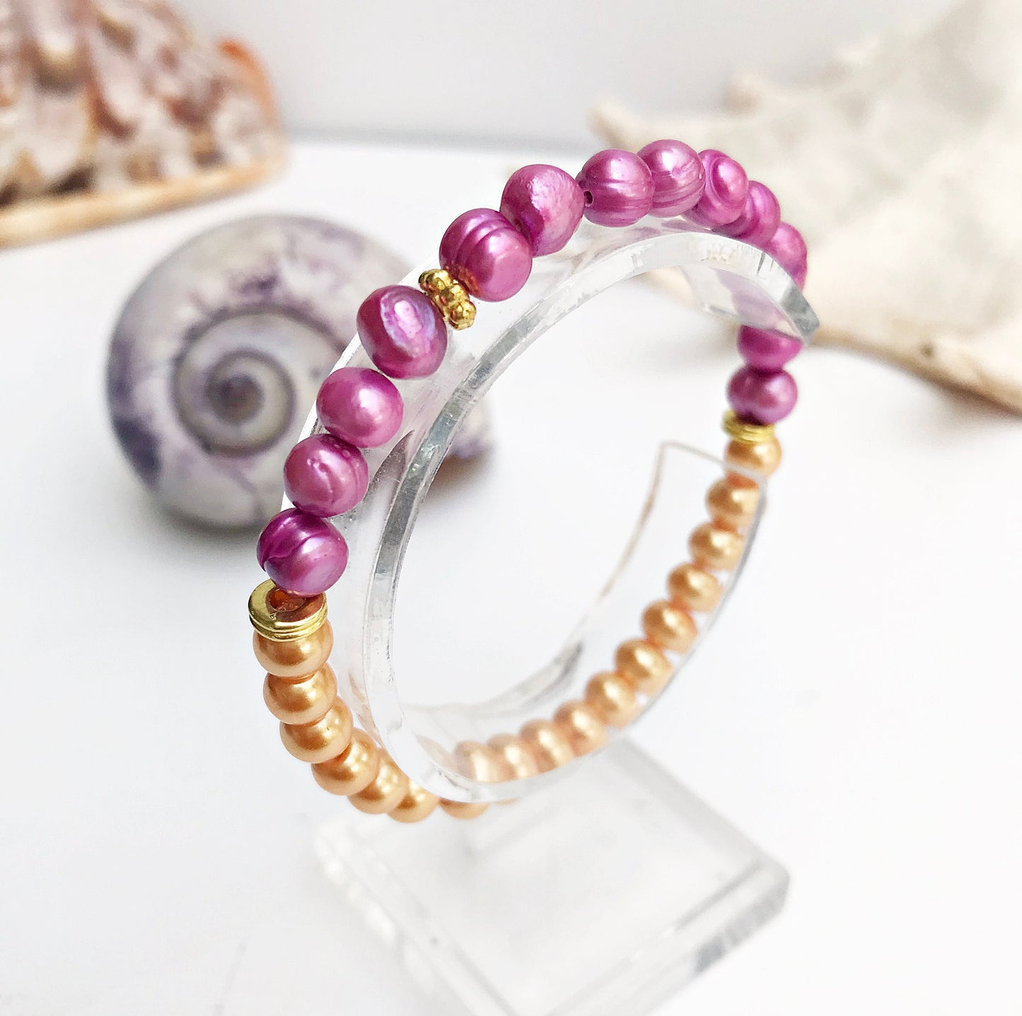 Handmade Freshwater Pearl Bracelet | Gold-Plated Boho Jewelry | Pink & Orange Beads | Ibiza Style | Unique Gift for Women