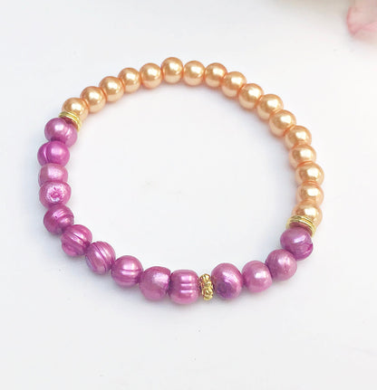 Handmade Freshwater Pearl Bracelet | Gold-Plated Boho Jewelry | Pink & Orange Beads | Ibiza Style | Unique Gift for Women