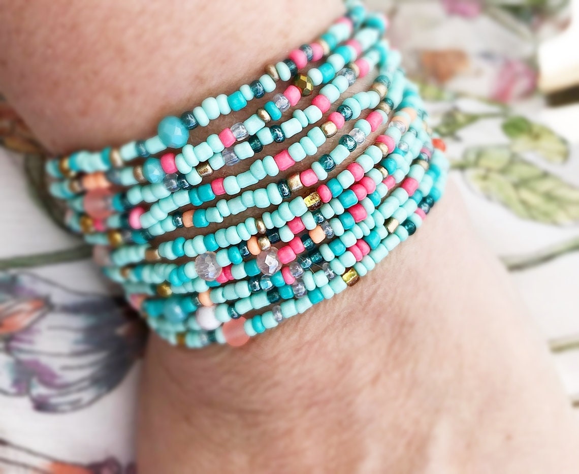 Boho Turquoise Coral Wrap Bracelet | Handmade Glass Bead Jewelry | Ibiza Style Multi-Strand Bracelet