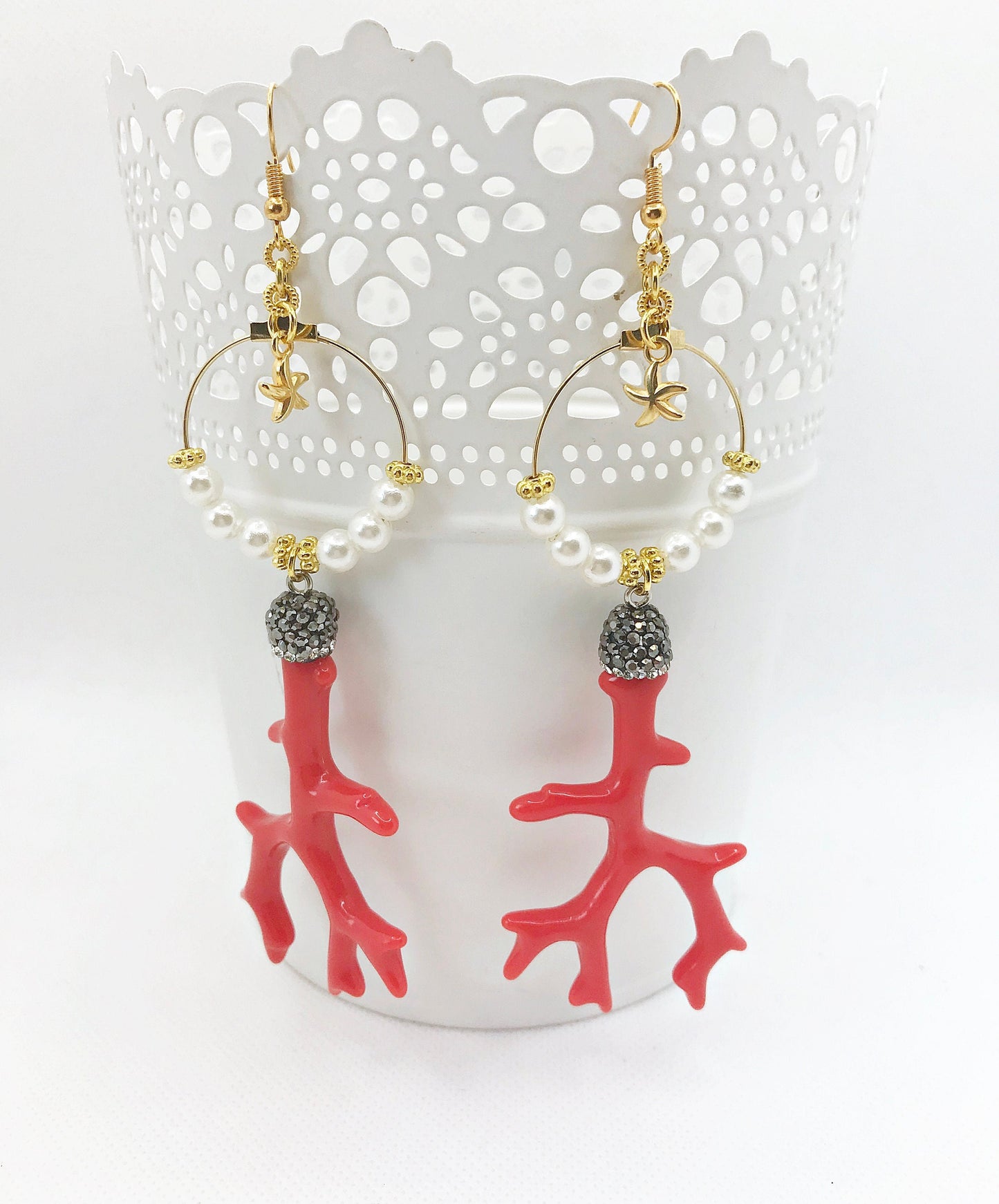 Coral Boho Dangle Earrings | Gold-Plated Crystal Hoop Earrings | Red Statement Jewelry | Ibiza Style