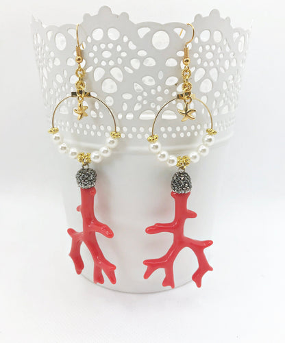 Coral Boho Dangle Earrings | Gold-Plated Crystal Hoop Earrings | Red Statement Jewelry | Ibiza Style