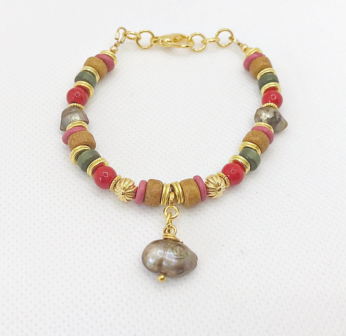 Handcrafted Boho Gold Pearl Bracelet | Freshwater & Ceramic Beads | Unique Women's Jewelry