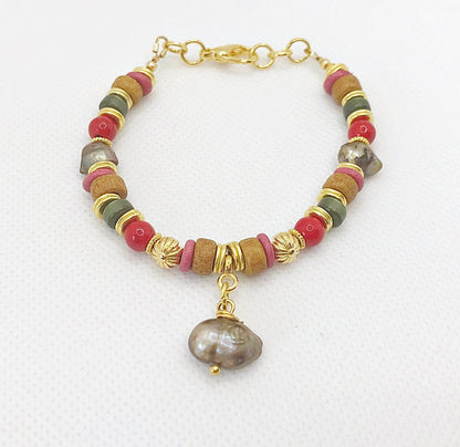 Handcrafted Boho Gold Pearl Bracelet | Freshwater & Ceramic Beads | Unique Women's Jewelry