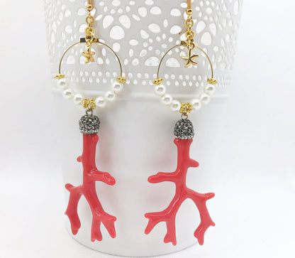 Coral Boho Dangle Earrings | Gold-Plated Crystal Hoop Earrings | Red Statement Jewelry | Ibiza Style