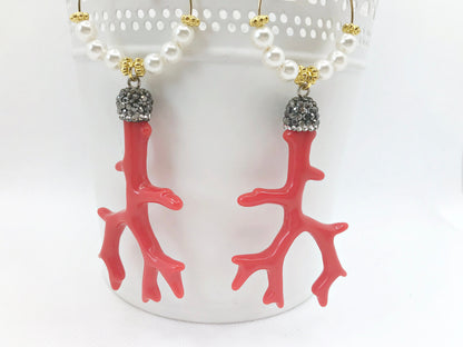 Coral Boho Dangle Earrings | Gold-Plated Crystal Hoop Earrings | Red Statement Jewelry | Ibiza Style