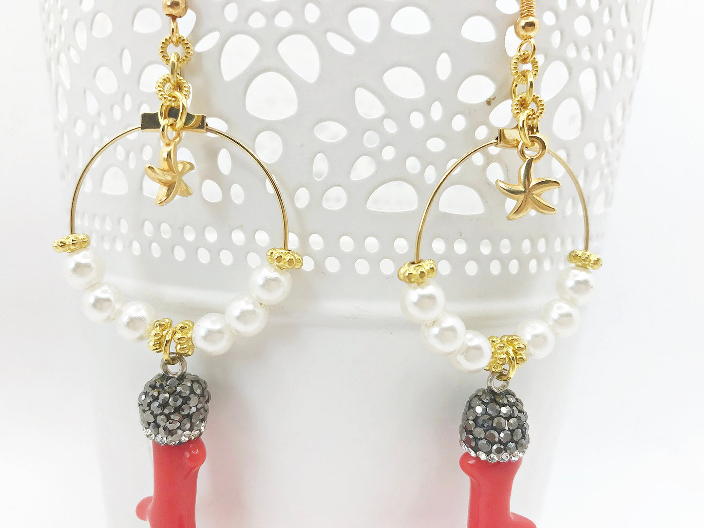 Coral Boho Dangle Earrings | Gold-Plated Crystal Hoop Earrings | Red Statement Jewelry | Ibiza Style