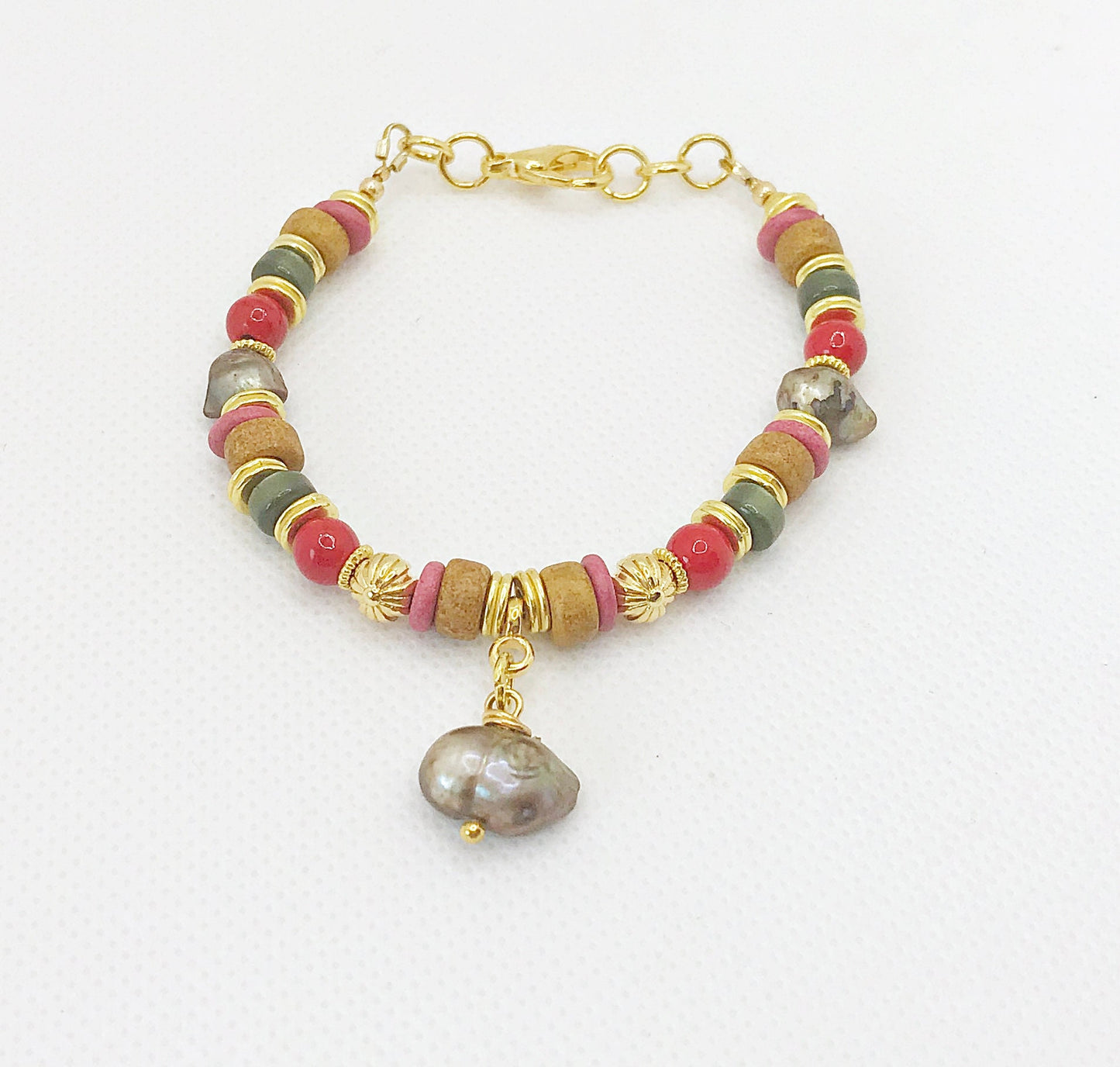 Handcrafted Boho Gold Pearl Bracelet | Freshwater & Ceramic Beads | Unique Women's Jewelry