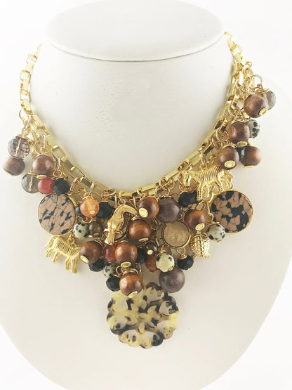 Luxurious Safari-Inspired Boho Statement Necklace | Multi-Strand Gold Chain with Gemstones