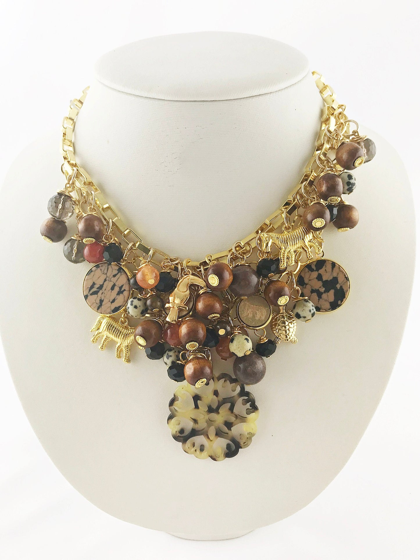 Luxurious Safari-Inspired Boho Statement Necklace | Multi-Strand Gold Chain with Gemstones