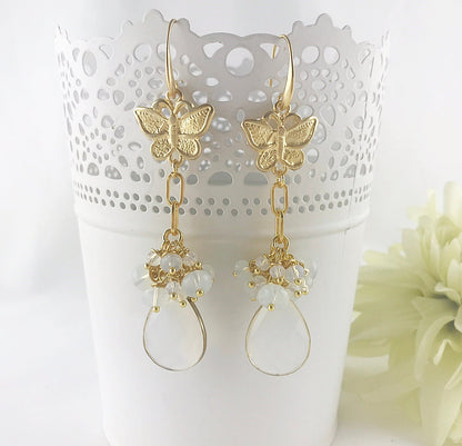 Butterfly Opal Earrings | Gold-Plated Boho Bridal Jewelry | Handcrafted Dangle Earrings