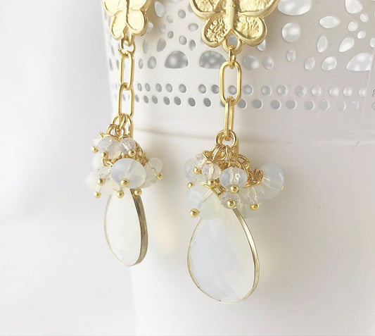 Butterfly Opal Earrings | Gold-Plated Boho Bridal Jewelry | Handcrafted Dangle Earrings