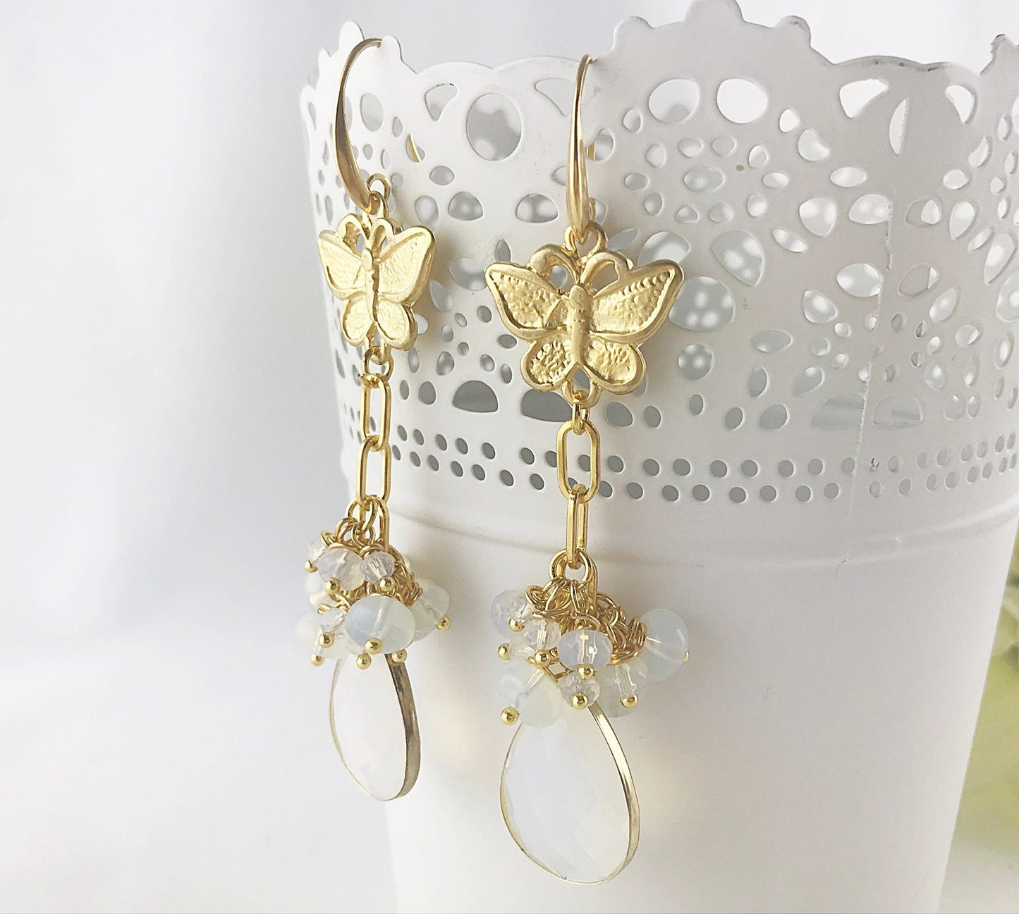 Butterfly Opal Earrings | Gold-Plated Boho Bridal Jewelry | Handcrafted Dangle Earrings