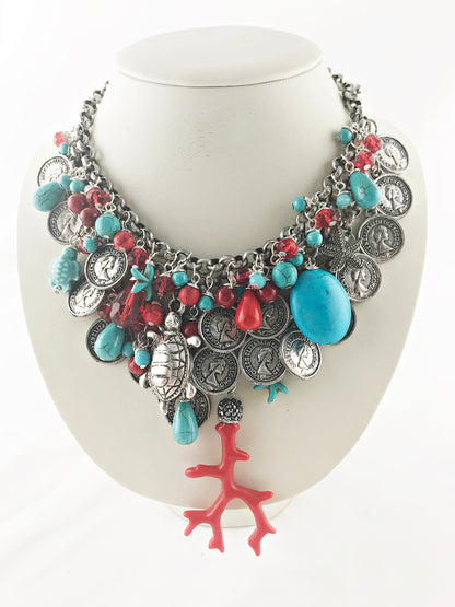 Luxurious Silver Coral Bay Boho Necklace | Multi-Strand Turquoise & Sea Life Statement Piece