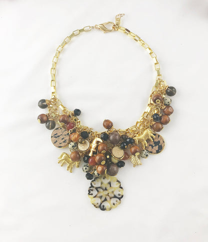 Luxurious Safari-Inspired Boho Statement Necklace | Multi-Strand Gold Chain with Gemstones