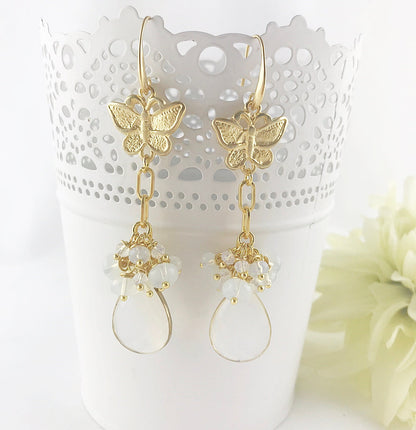 Butterfly Opal Earrings | Gold-Plated Boho Bridal Jewelry | Handcrafted Dangle Earrings